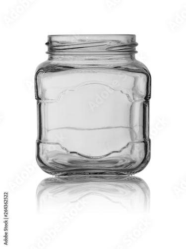 opened empty glass jar of irregular shape with reflection isolated on a white background