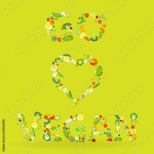 Heart of vegetable pattern with an inscription go vegan