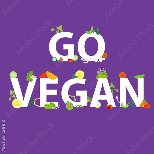 Vegetables pattern with an inscription go vegan, for web and print decoration, vector , Healthy food, cartoon illustration
