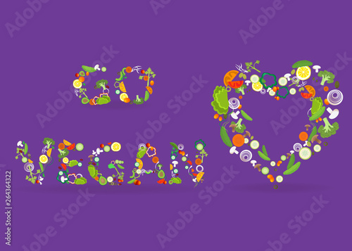 Heart of vegetable pattern with an inscription go vegan, for web and print decoration