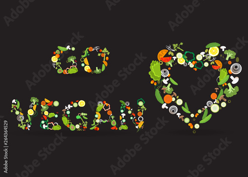 Heart of vegetable pattern with an inscription go vegan, for web and print decoration