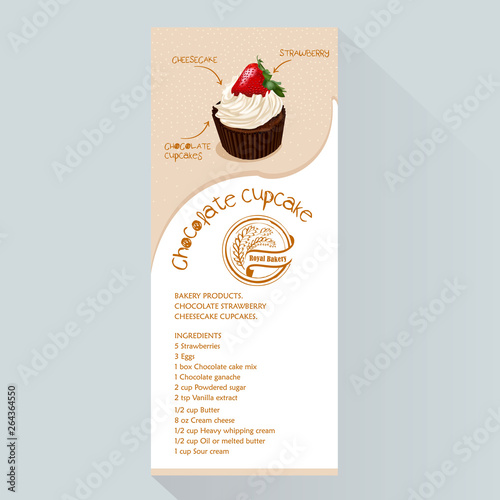 Vector bakery vertical banner. Design for grocery, bakery, dessert menu, pastry shop, recipe book, cooking manual . With place for text. Chocolate Strawberry Cupcake.