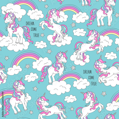 Unicorn pattern and rainbow. Trendy seamless vector pattern on a turquoise background. Fashion illustration drawing in modern style for clothes. 