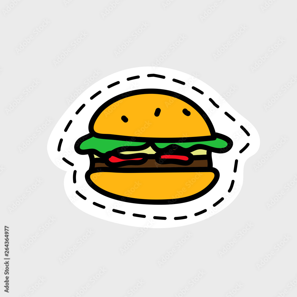 Isolated image for badge, sticker or patch. Vector illustration. Delicious hamburger in cartoon style Isolated image for badge, sticker or patch. Vector illustration. Delicious hamburger in cartoon style