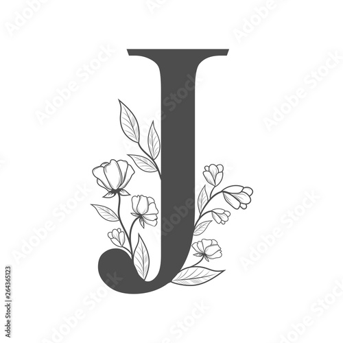 Uppercase Letter J with flowers and branches. Vector flowered monogram or logo. Hand Drawn concept. Botanical design branding. Composition of letter and flowers for wedding card, invitations, brand