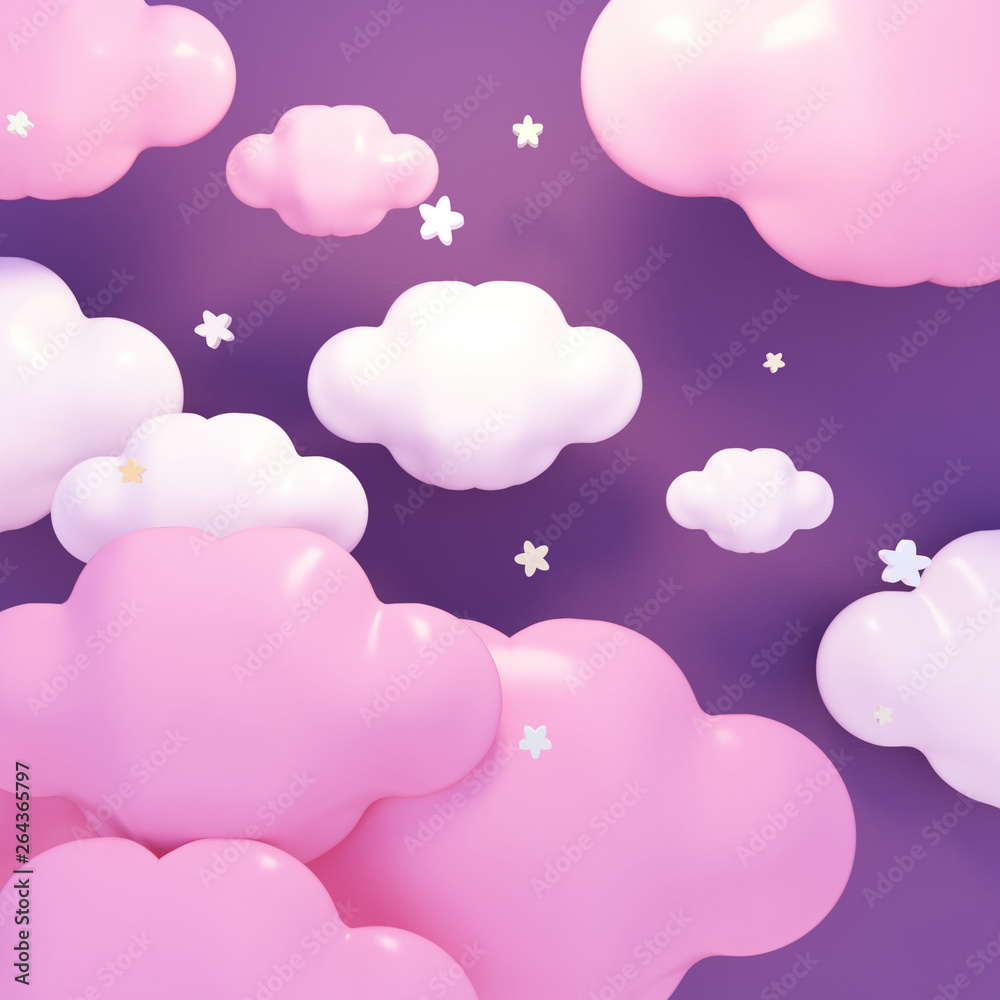 Kawaii purple clouds and stars at night. 3d rendering picture.