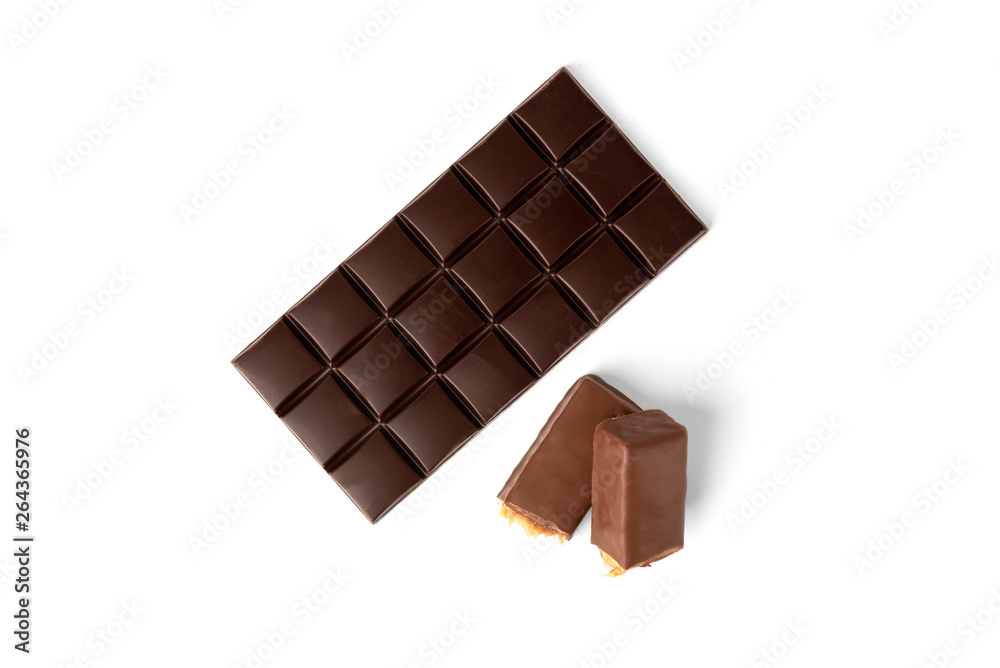 Chocolate bar with caramel and peanut and milk chocolate isolated on white background. Chocolate bar with caramel and peanut and milk chocolate isolated on white background.