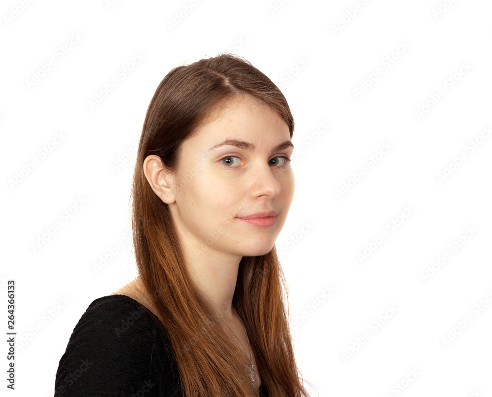 Brown-haired young woman smiling portrait on white background Brown-haired young woman smiling portrait on white background