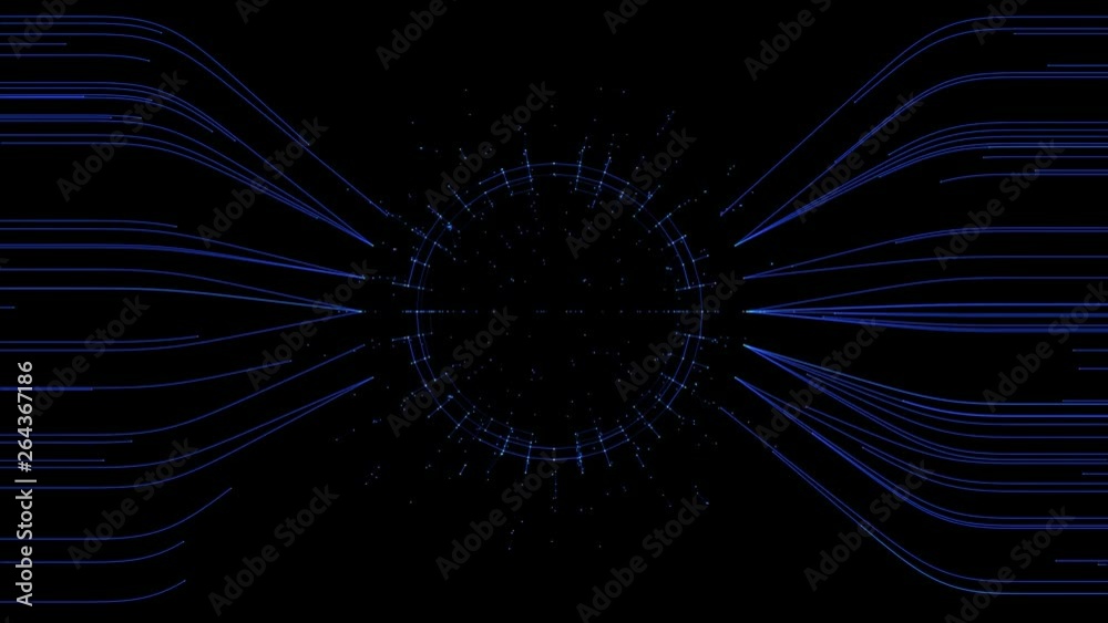 PNG Alpha.Futuristic UI technological display.Connecting beautiful blue lines particles animation.Black background to use as alpha or luma channel.