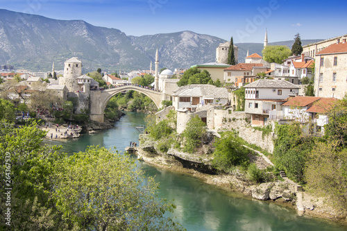Mostar with the Old Bridge houses and minarets in Bosnia and Herzegovina