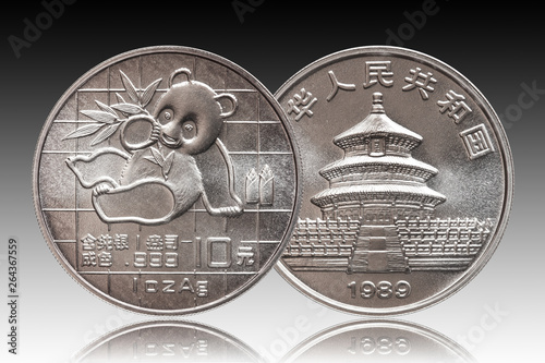 China Panda 10 ten yuan silver coin 1 oz 999 fine silver ounce minted 1989, gradient backgriound photo