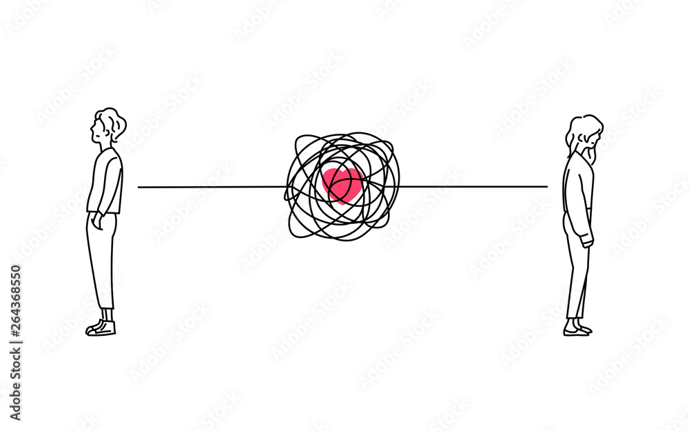 Complicated Couple Love Relationship Problem Doodle Drawing Vector Illustration Standing Boy And Girl Back To Back With Tangled Messy Scribble Connection Line Stock Vector Adobe Stock