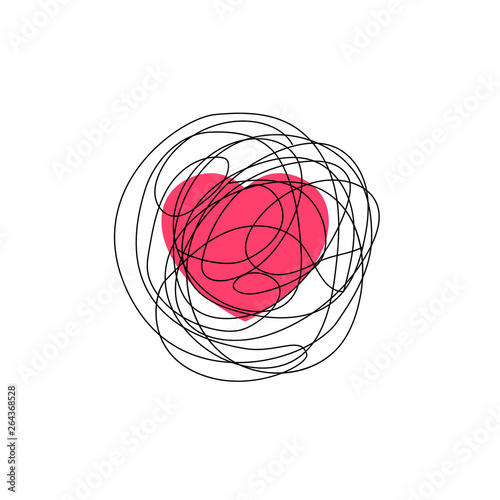 Complicated love feeling illustration. Heart symbol with tangled messy scribble line doodle