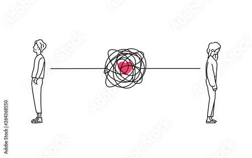 complicated couple love relationship problem doodle drawing vector illustration. Standing boy and girl back to back with tangled messy scribble connection line.