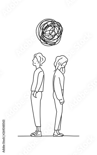 couple think complicated relationship problem doodle drawing vector illustration. man and girl stand back to back with tangled messy scribble line.