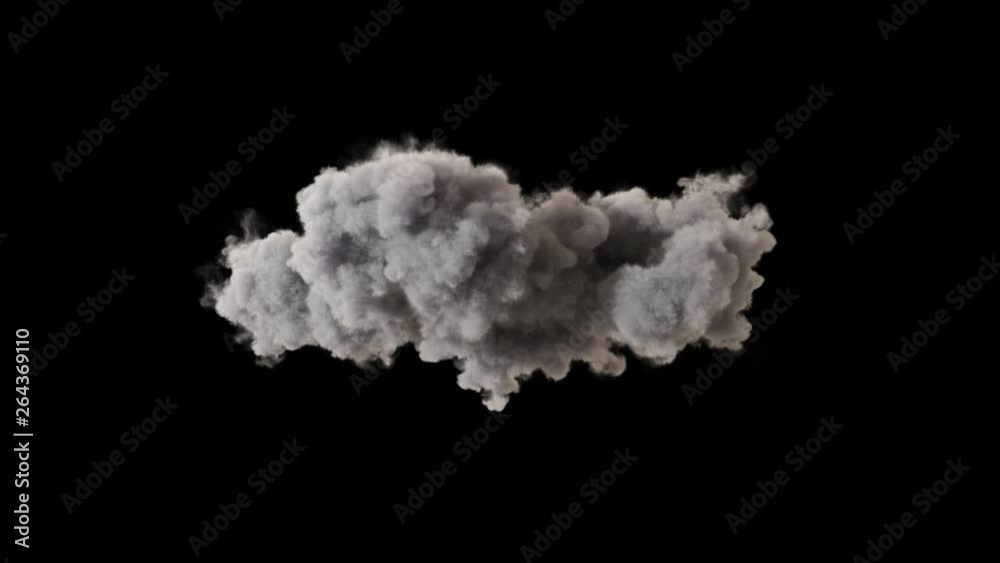 4k cloud loop. beautiful fast billowing cloud isolated on black background with alpha, light rays shining through, popular compositing element