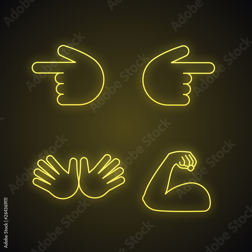 Hand gesture emojis neon light icons set