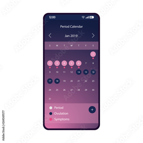 Period calendar smartphone interface vector template