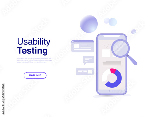 Usability testing the interface and usability of a mobile application on the dark blue background. Landing page concept.