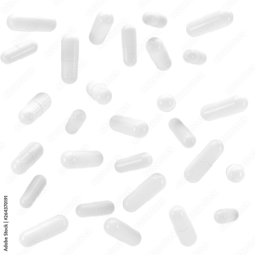 3D White capsule vitamins. White pills in flight. 3d render. 3D image. 3D model 3D White capsule vitamins. White pills in flight. 3d render. 3D image. 3D model