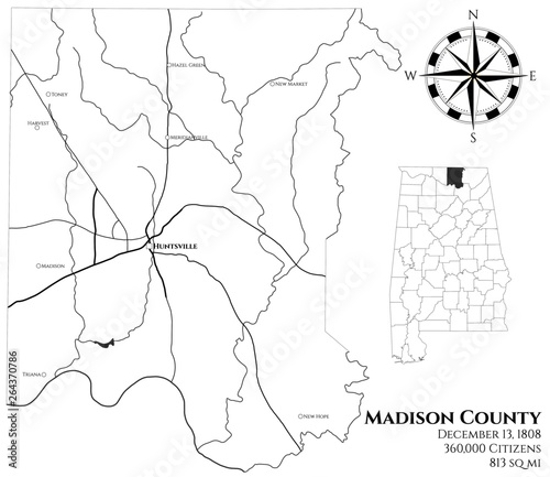 Large and detailed map of Madison county in Alabama, USA