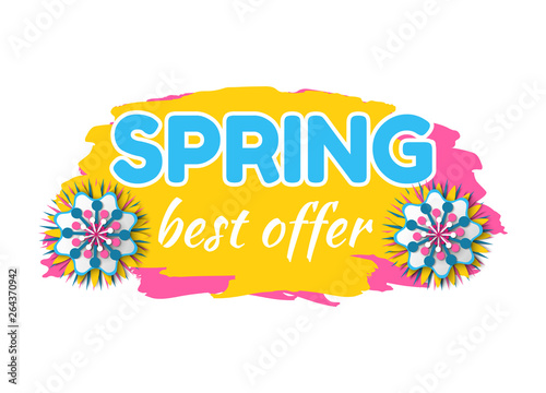 Spring sale banner vector, isolated flowers and brush paint with text, discount and clearance for customers, reduction of price, sellout of product