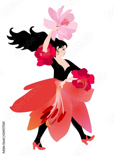 Pretty flamenco dancer girl wearing a skirt in the shape of a lily flower, and with a fan in the shape of a pink cosmos flower, walks isolated against a white background.