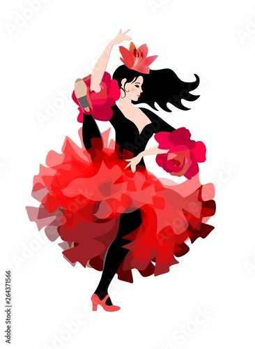 Spanish ballerina in a red-black suit with a lily flower in her hair dancing flamenco provocatively,  isolated on white background in vector.