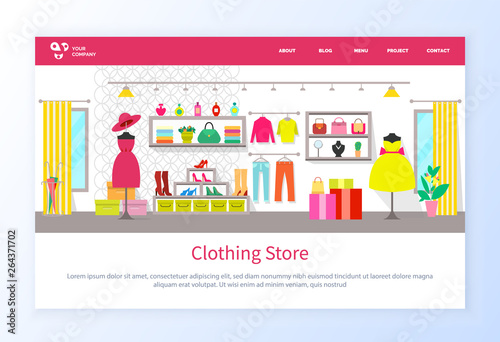 Clothing store vector, dress and trousers sweaters and accessories on shelves flat style. Flower in pot, decoration in shop for ladies, perfumes. Website or webpage template, landing page flat style