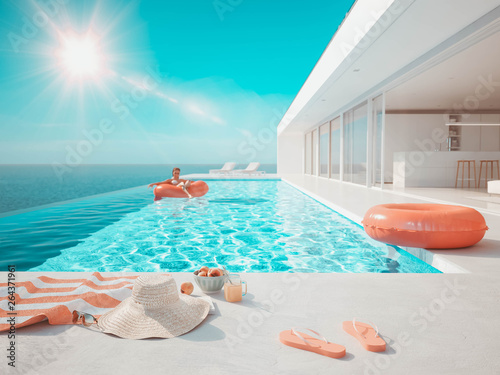 3D-Illustration. modern luxury infinity pool with summer accessoires