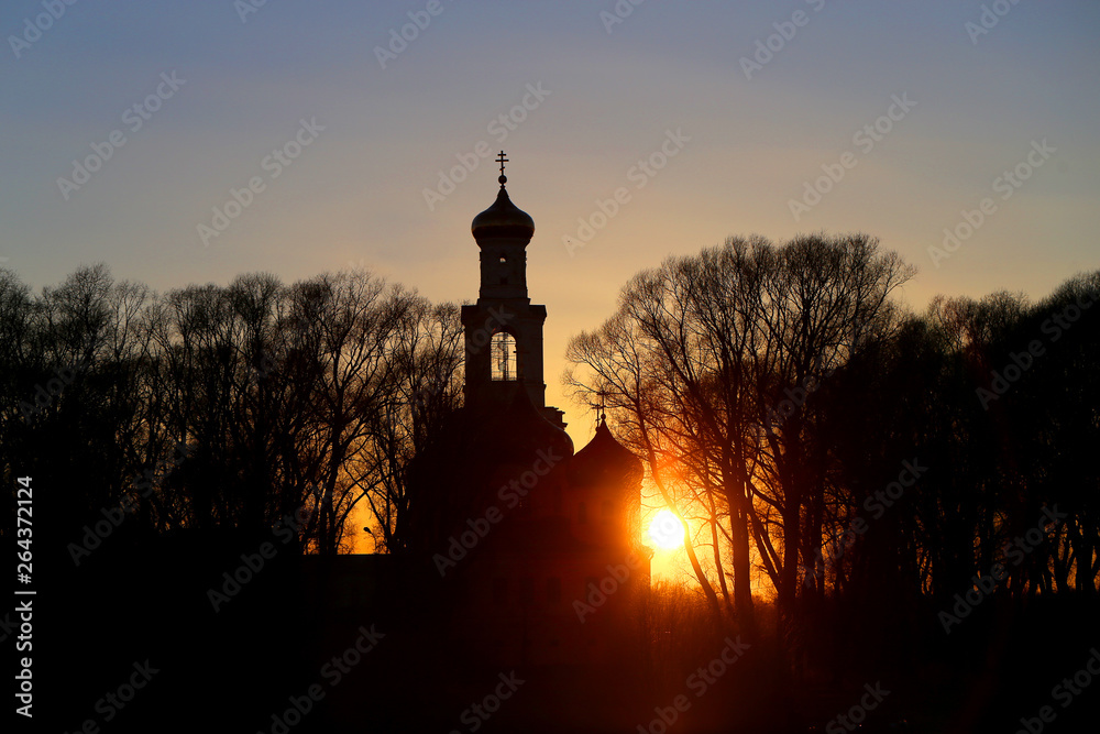 Beautiful sunset on the Volkhov river in Novgorod Russia