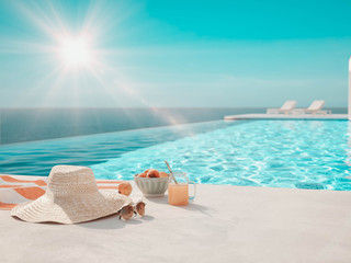 3D-Illustration. modern luxury infinity pool with summer accessoires