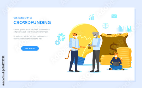 Crowdfunding vector, partners making deal, hipster animals with lightbulb symbolizing idea and mag with money dollar gold coins, coder with laptop. Website or webpage template, landing page flat style