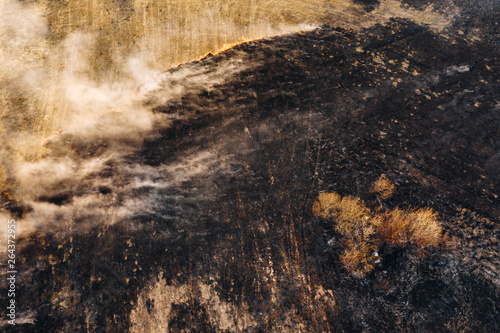 Aerial view of burnt land in the field after fire with ash and smoke © Vitaliy Kaplin