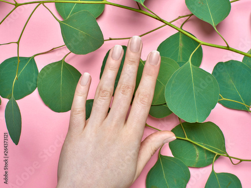 stylish colorless female manicure on pink background