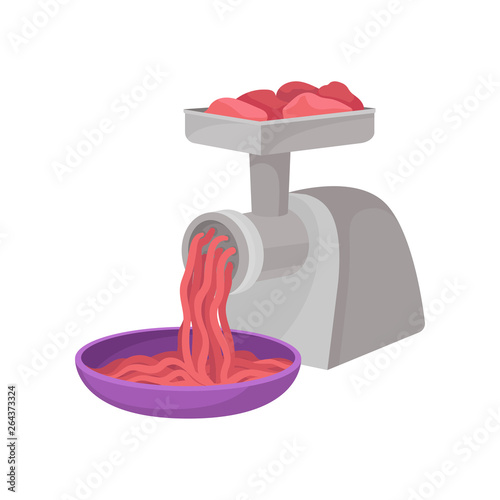 Meat grinder grinds the pieces of meat. Vector illustration.