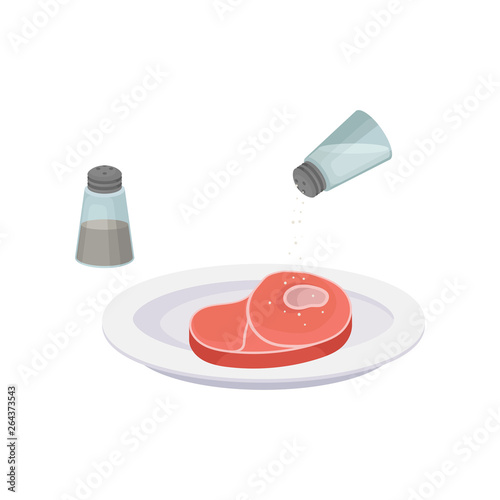 Raw steak salt and pepper. Vector illustration.