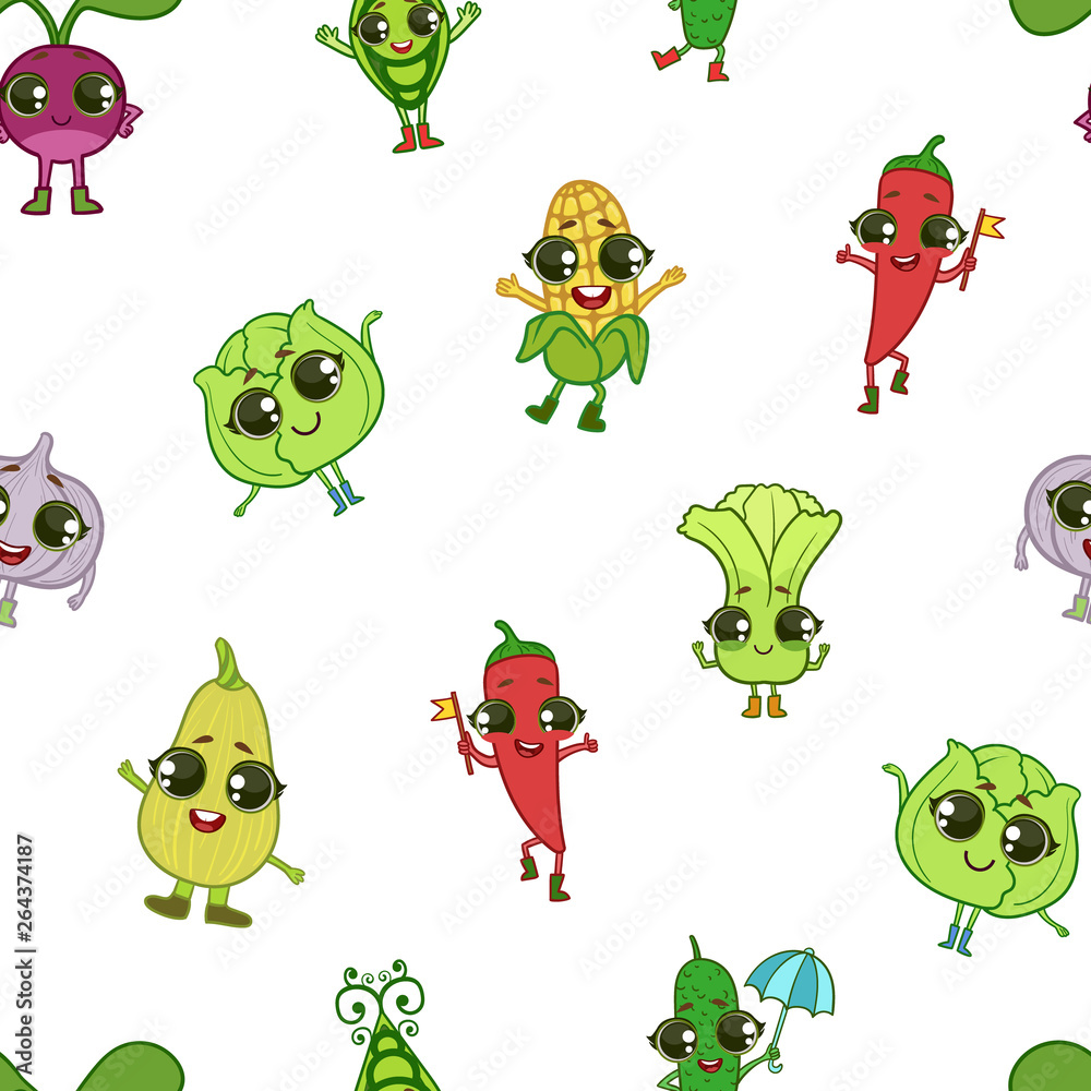 Obraz premium Colorful Funny Vegetables Characters Seamless Pattern, Healthy Food Vector Illustration