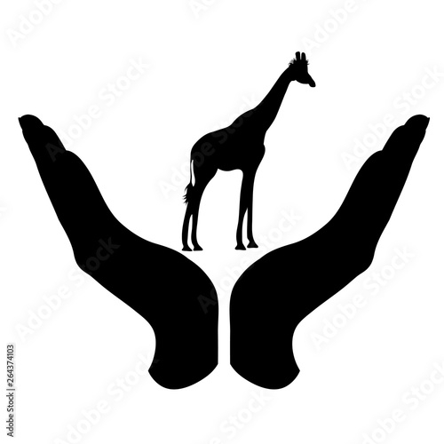 Vector silhouette of a hand in a defensive gesture protecting a giraffe. Symbol of animal, wild,africa, nature, humanity, care, protection, veterinary.