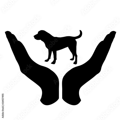 Vector silhouette of a hand in a defensive gesture protecting a dog. Symbol of animal, pet, nature, humanity, care, protection, veterinary.