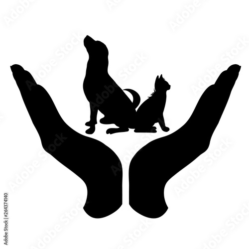 Vector silhouette of a hand in a defensive gesture protecting a cat and dog. Symbol of animal, pet, nature, humanity, care, protection, veterinary.