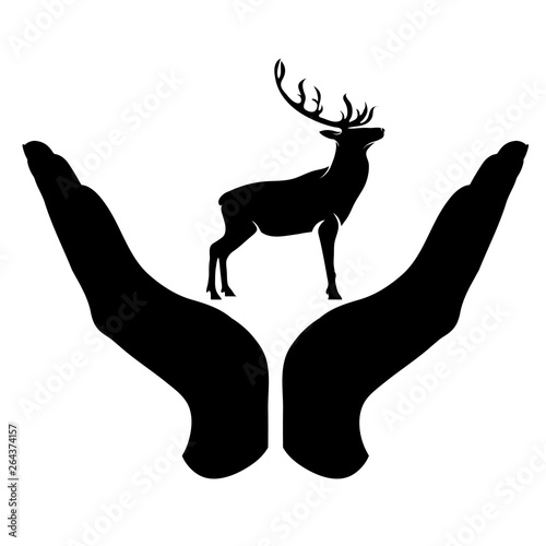 Vector silhouette of a hand in a defensive gesture protecting a deer. Symbol of animal, wild,forest, nature, humanity, care, protection.