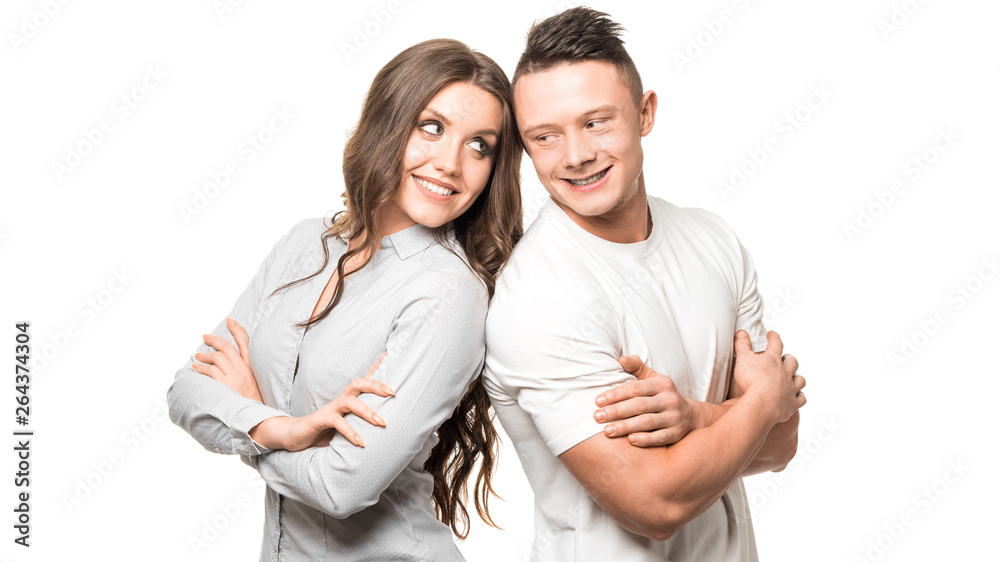 Close up millennial couple in love. Portrait of a couple planning a happy future. Back to back. Teamwork. Close up millennial couple in love. Portrait of a couple planning a happy future. Back to back. Teamwork.