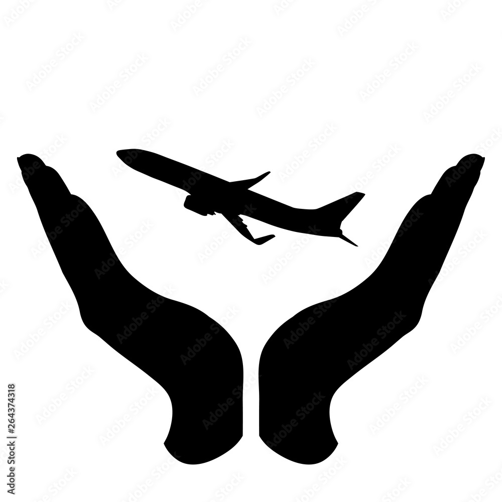 Vector silhouette of a hand in a defensive gesture protecting a aircraft. Symbol of insurance, transportation, protection,