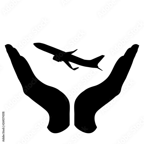 Vector silhouette of a hand in a defensive gesture protecting a aircraft. Symbol of insurance, transportation, protection,