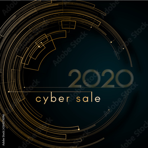 Cyber luxury sale Gold futuristic circle lines 2020 on a blue background Modern creative design element luxury elegant cards invitations for the New Year 2020 Modern design pattern gold lines Vector