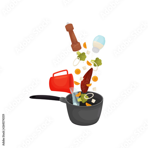 Pour meat, carrots, onions, peppers and salt in a saucepan. Vector illustration.