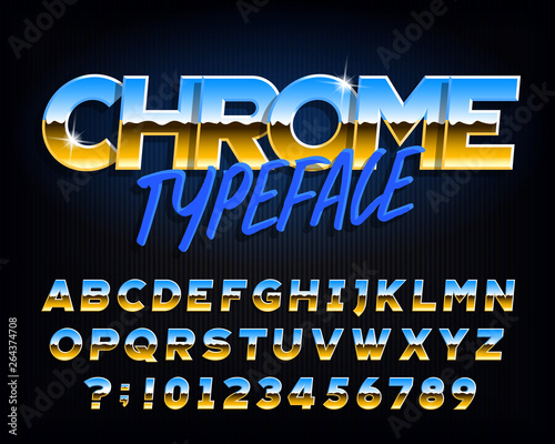 Chrome alphabet font. Chrome effect letters and numbers on dark background. Stock vector typeface for your typography design.