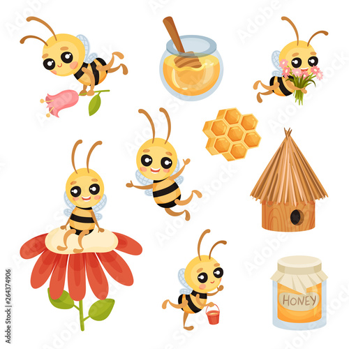 Set of cute honey bees. Vector illustration on white background.