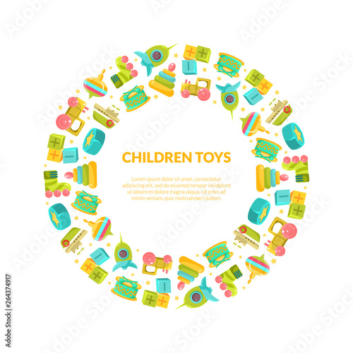 Children Toys Banner Template with Place for Text and Cute Toys in Circular Shape, Kids Shop Design Element Vector Illustration